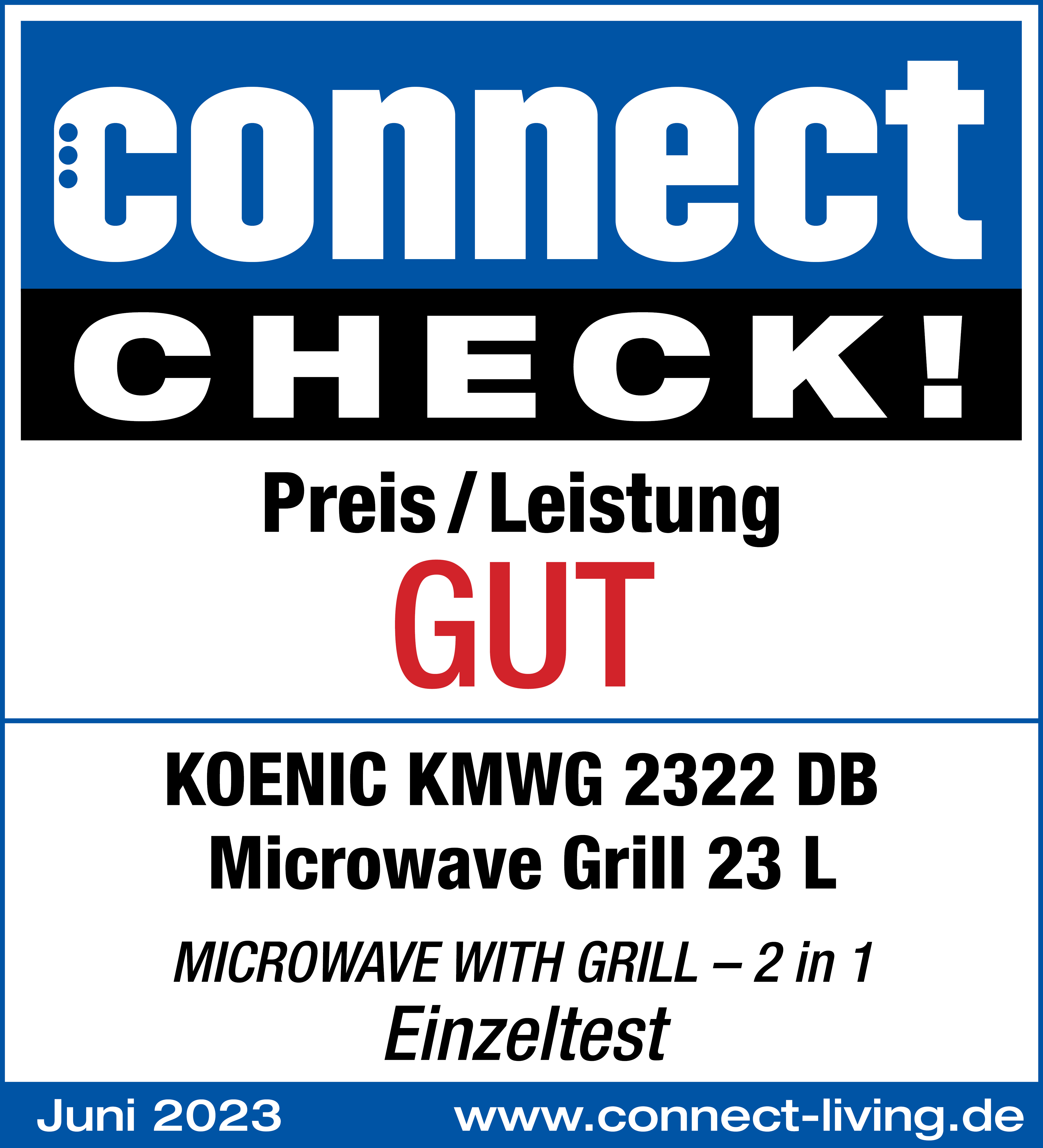 Testergebnis Grafik, Mikrowelle, Text: 'GUT', 'Preis/Leistung', 'Juni 2023'.